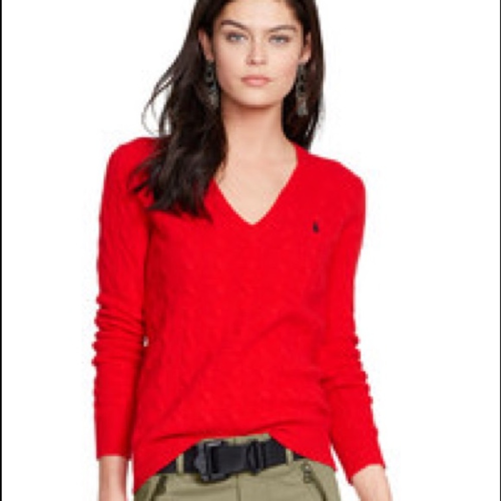 Polo Ralph Lauren V Neck Cable Knit Wool Cashmere Sweater